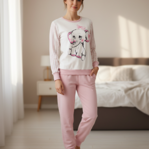 Βαμβακερή Γυναικεία Πυζάμα damaKoupa 3003,λευκό-ροζ.