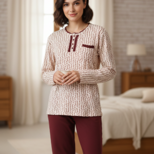 Γυναικεία Βαμβακερή Πυζάμα OGHAM 7531,μπεζ-μπορντώ