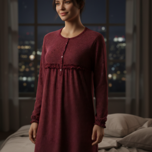 Βαμβακερό μακρυμάνικο Νυχτικό AMELIE Homewear 174969, μπορντώ.