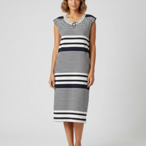 Maxi Φόρεμα με ζαπονέ μανίκι CLAIRE Katrania 8826, λευκό-μπλε ριγέ.