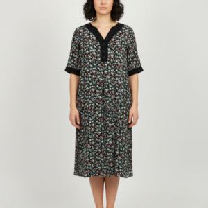 Φόρεμα με κοντό μανίκι και κουμπιά Billy's Fashion 20062Β,μαύρο-εμπριμέ.