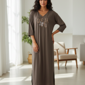 Maxi Φόρεμα με μανίκι 3/4 SCHERZO Homewear 3443,καφέ ανοιχτό.