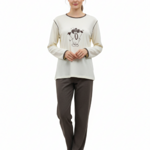 Πυζάμα με λαιμόκοψη PIGAL Homewear 2031-204,εκρού/καφέ.