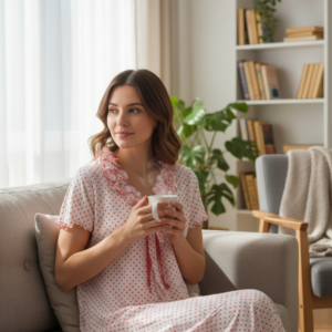 Σετ Ρόμπα-Νυχτικό CLAIRE Katrania 5792,κοραλλί-λευκό πουά.