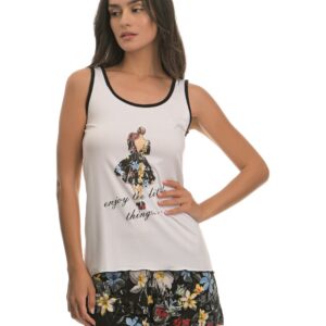 Πυζάμα γυναικεία με φαρδιά τιράντα FREE MOVE 6090,λευκό-εμπριμέ.