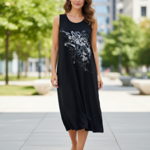 Φόρεμα με φαρδύ ώμο και σχέδιο LYDIA Creations 5142,μαύρο.