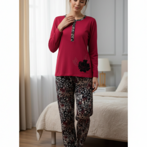 Πυζάμα με λαιμόκοψη και πατιλέτα Damakoupa Homewear 1002,κόκκινο.