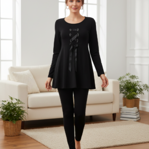 Γυναικεία Πυζάμα με κολάν παντελόνι CLAIRE Katrania 4136,μαύρο.