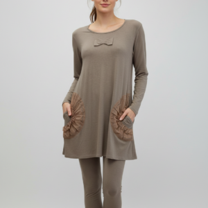 Γυναικεία Πυζάμα με λαιμόκοψη και κολάν παντελόνι CLAIRE Katrania 5508,ανοιχτό καφέ.