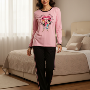 Γυναικεία Πυζάμα με λαιμόκοψη και παράσταση MINERVA 5211,ροζ-μαύρο.