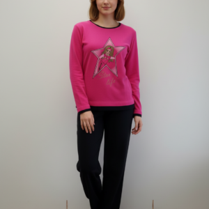 Γυναικεία βαμβακερή Πυζάμα με λαιμόκοψη Jeannette Homewear 12313,φούξια/μαύρο.