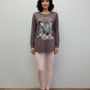 Βαμβακερή μακρυμάνικη Πυζάμα JEANNETTE Fashion 13814,σκούρο καφέ.