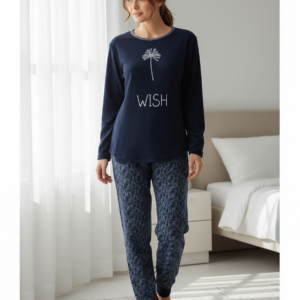 Γυναικεία μακρυμάνικη Πυζάμα με λαιμόκοψη ITM Fashion I5322,σκούρο μπλε.