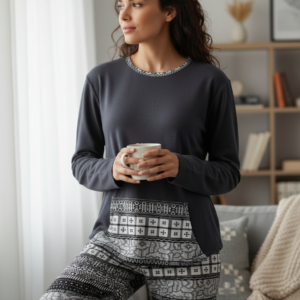 Γυναικεία μακρυμάνικη Πυζάμα με λαιμόκοψη ITM Fashion I5156,γκρι.