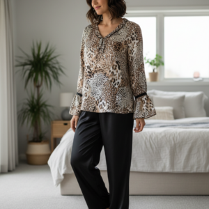 Σατέν Γυναικεία Πυζάμα με μουσελίνα MYSTICO 25512,λεοπάρ.