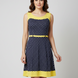 Midi Φόρεμα με φαρδιά τιράντα BILLY'S Fashion 15075,σκούρο μπλε πουά/κίτρινο.