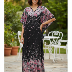 Maxi Φόρεμα με V λαιμόκοψη BILLY'S Fashion 22001,μαύρο-φούξια.