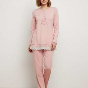 Βαμβακερή Γυναικεία Πυζάμα με μακρύ μανίκι και δαντέλα SCHERZO Homewear 4891,σωμόν.