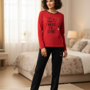 Βαμβακερή Πυζάμα με λαιμόκοψη JEANNETTE Homewear 10110,κόκκινο.