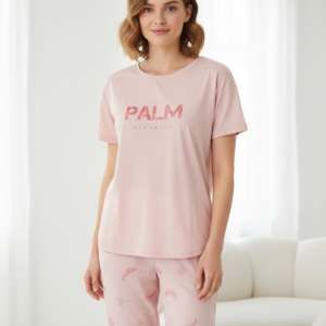 Plus Size Γυναικεία Πυζάμα με κοντό μανίκι και κάπρι παντελόνι AMELIE Homewear 7345,ροζ.