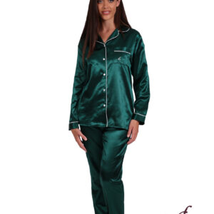 Σατέν Γυναικεία Πυζάμα Κουμπωτή,με χνούδι, LYDIA Creations 24646,κυπαρισσί.