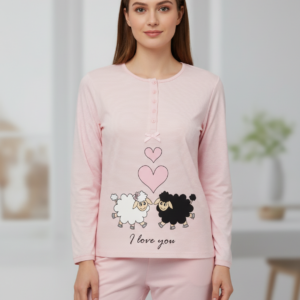 Βαμβακερή Γυναικεία Πυζάμα με λαιμόκοψη LYDIA Creations 10570,ροζ.