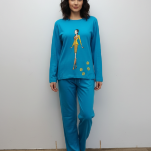 Βαμβακερή Γυναικεία Πυζάμα με λαιμόκοψη VINCO Homewear 3957,τυρκουάζ.