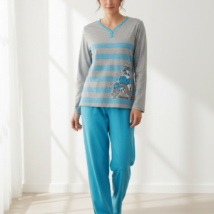 Βαμβακερή Γυναικεία Πυζάμα με λαιμόκοψη LYDIA Creations 10587,γκρι/σιέλ.