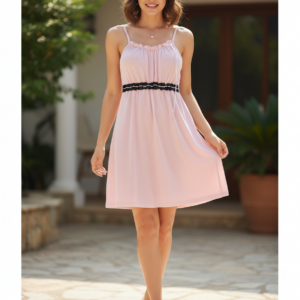 Βαμβακερό Νυχτικό με λεπτή τιράντα BILLY'S Fashion 9517,ροζ.