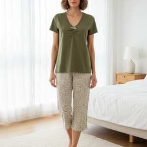 Γυναικείο Homewear με κοντό μανίκι και Κάπρι παντελόνι ROBERT MATRA 0208-25253,olive.