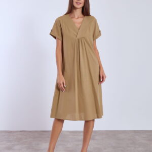 Λινό Φόρεμα Midi μονόχρωμο με πιέτα SECRET GARDEN CL-54783,καφέ ανοιχτό.