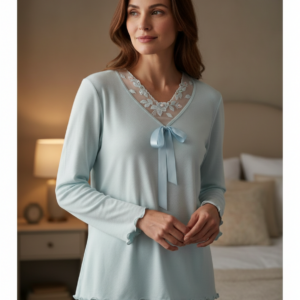 Βαμβακερή μακρυμάνικη Γυναικεία Πυζάμα με δαντέλα CLAIRE Katrania 7546,γαλάζιο.