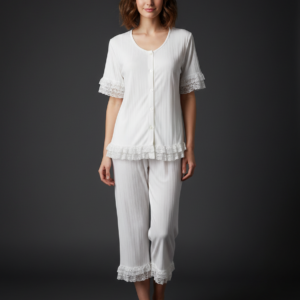 Γυναικεία κουμπωτή πυζάμα με κοντό μανίκι και Κάπρι παντελόνι CLAIRE Katrania 6856,λευκό.