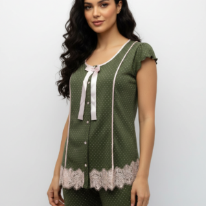 Γυναικεία Πυζάμα-Homewear με Κάπρι παντελόνι και ζαπονέ μανίκι CLAIRE Katrania 4328,λαδί ανοιχτό.