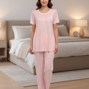 Βαμβακερή κουμπωτή Γυναικεία Πυζάμα με κοντό μανίκι SCHERZO Homewear 1553,ροζ.