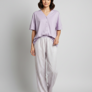 Βαμβακερή Γυναικεία Πυζάμα με μακρύ παντελόνι και κοντό μανίκι NOTTINGHAM PG 49806,λιλά.