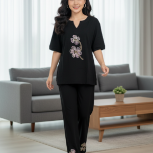 Κουμπωτή Γυναικεία Πυζάμα με κοντό μανίκι και μακρύ παντελόνι MYSTICO Homewear 12475,μαύρο.